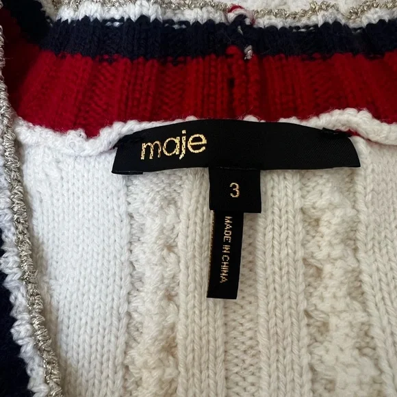New Maje White Cardigan with Red and Black Trim Wool L - Picture 6 of 8